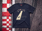Alien Abduction F1 t-shirt in Navy, flat lay on a race track kerb