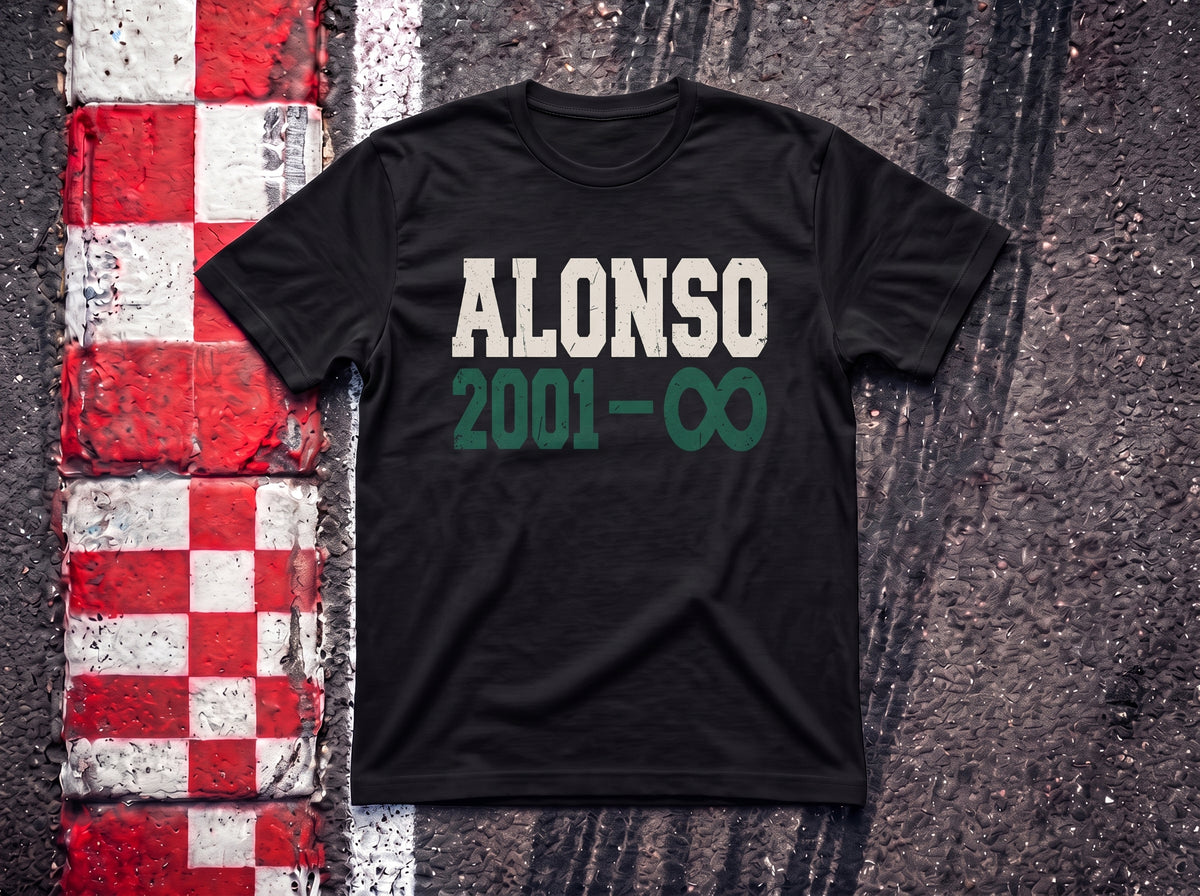 Alonso to Infinity F1 t-shirt in Black, flat lay on a race track kerb