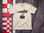 Bonsai Tree F1 t-shirt in Natural, flat lay on a race track kerb