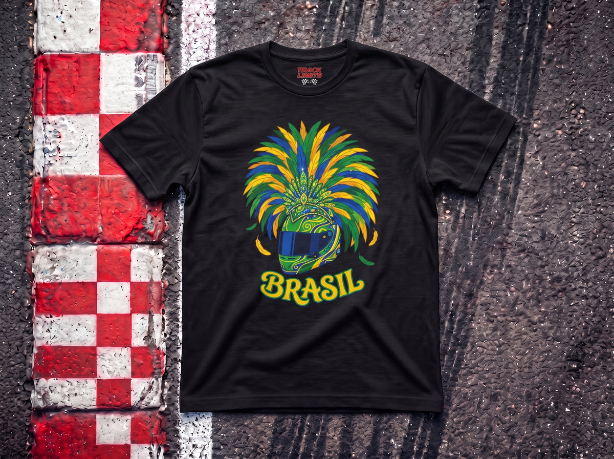 Brazil Festival Interlagos Helmet F1 t-shirt in Black, flat lay on a race track kerb