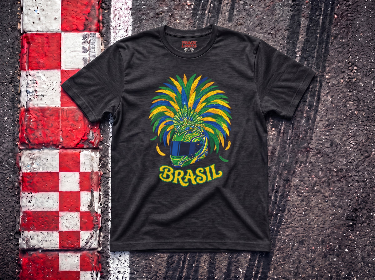 Brazil Festival Interlagos Helmet F1 t-shirt in Dark Heather Grey, flat lay on a race track kerb