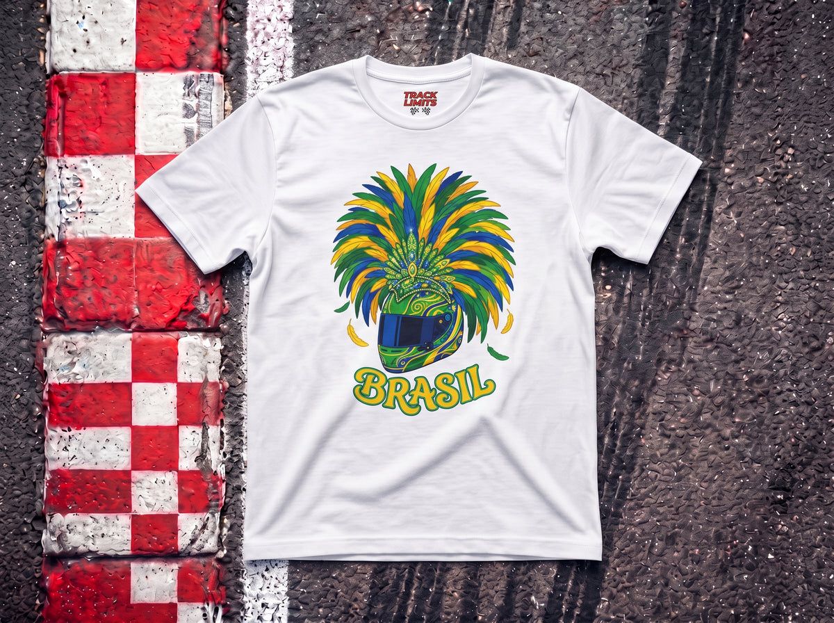 Brazil Festival Interlagos Helmet F1 t-shirt in White, flat lay on a race track kerb