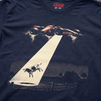 Close-up of the Alien Abduction F1 t-shirt print on Navy cotton