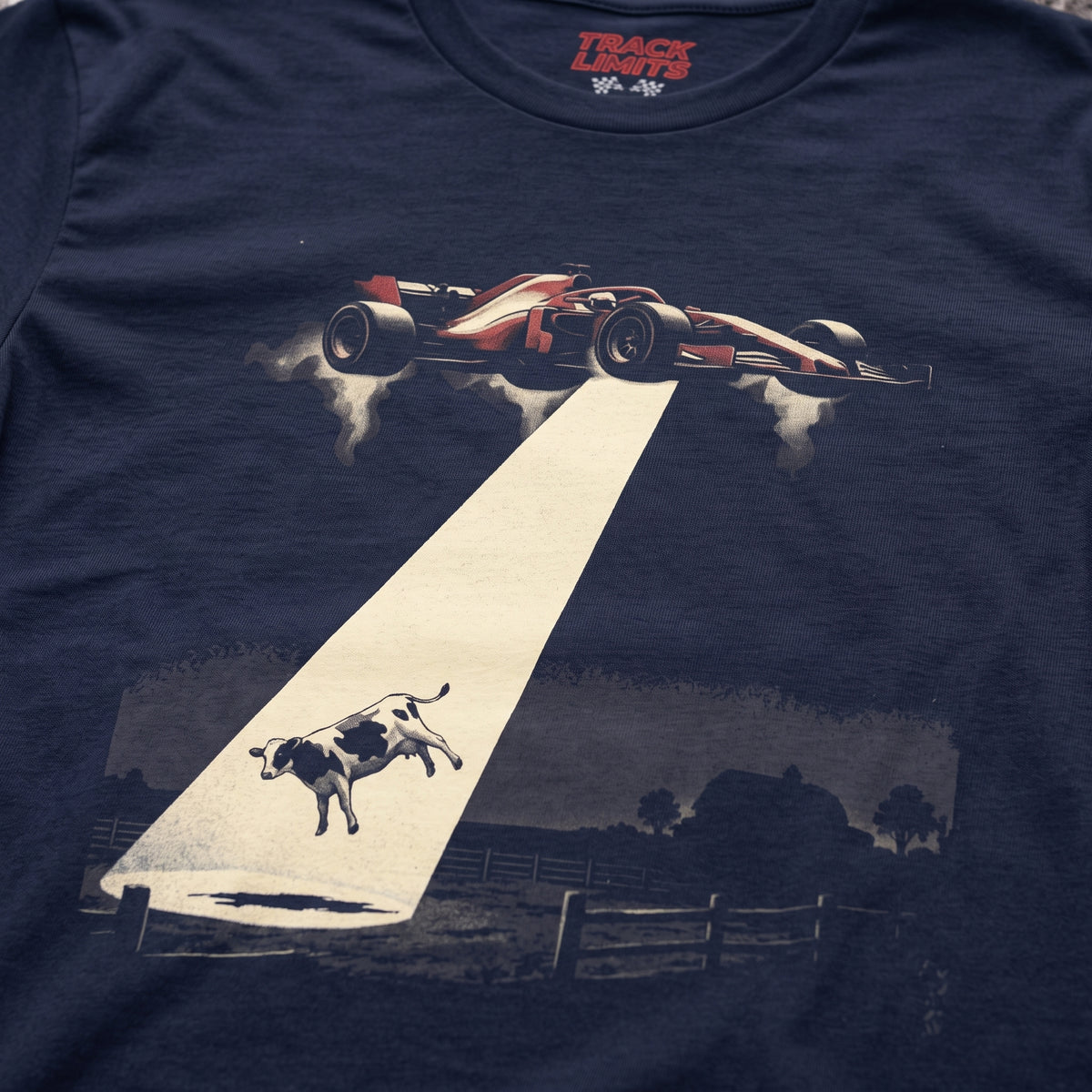 Close-up of the Alien Abduction F1 t-shirt print on Navy cotton