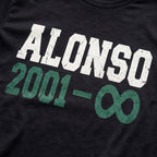 Close-up of the Alonso to Infinity F1 t-shirt print on Black cotton