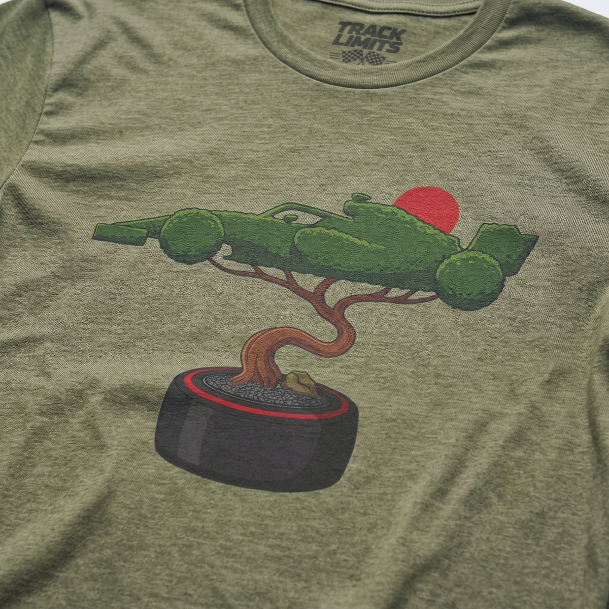 Close-up of the Bonsai Tree F1 t-shirt print on Heather Military Green cotton