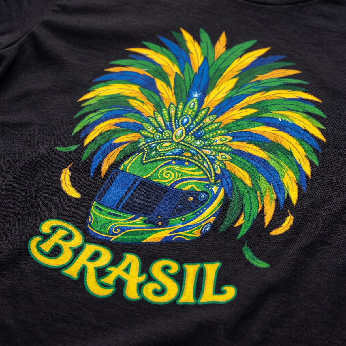 Close-up of the Brazil Festival Interlagos Helmet F1 t-shirt print on Black cotton