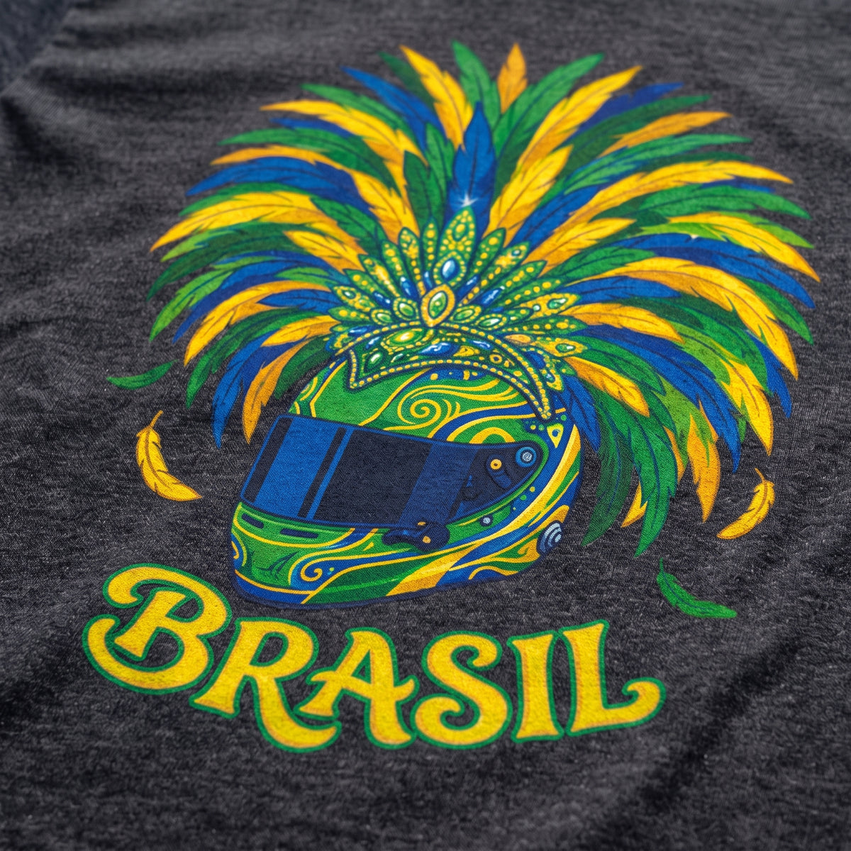 Close-up of the Brazil Festival Interlagos Helmet F1 t-shirt print on Dark Heather Grey cotton