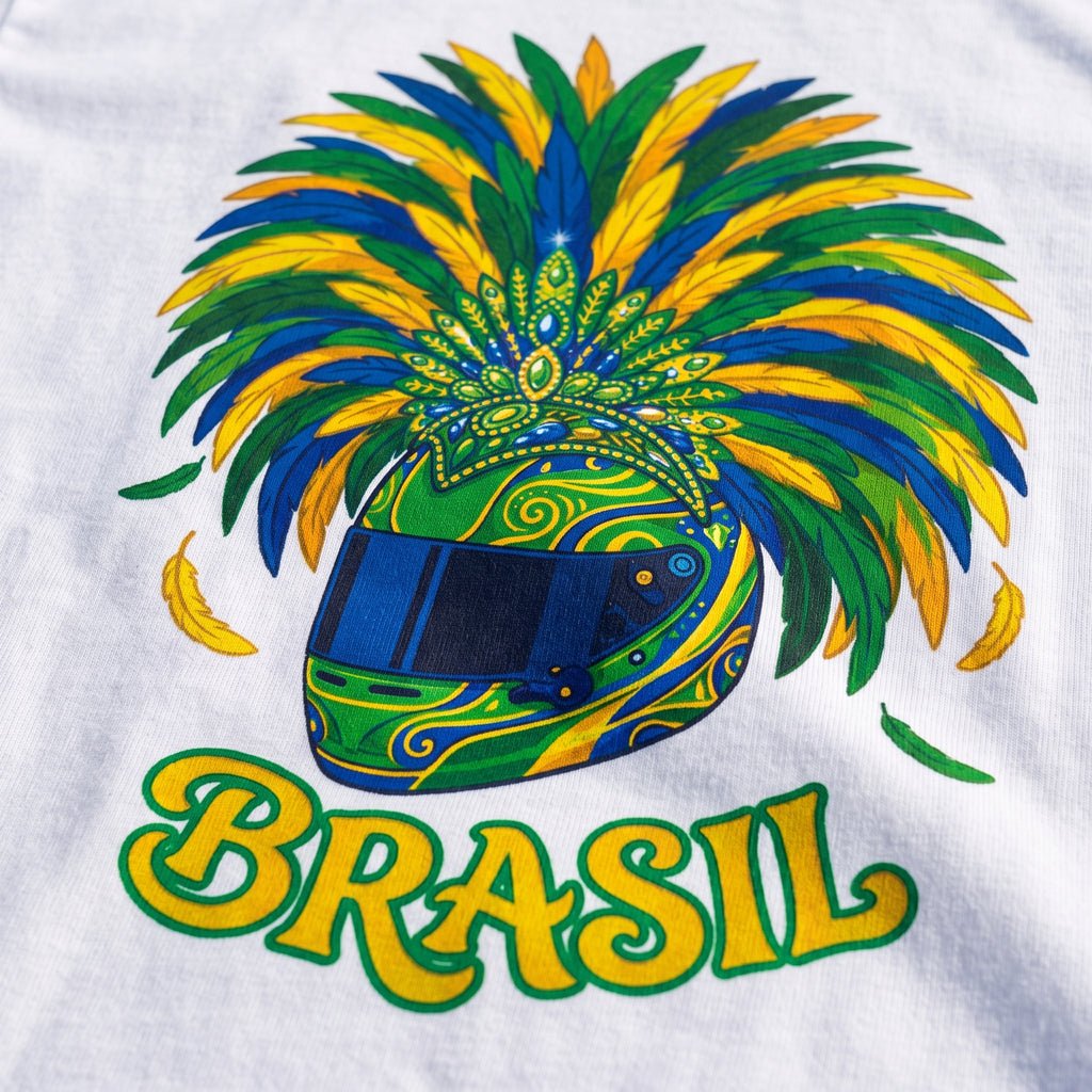 Close-up of the Brazil Festival Interlagos Helmet F1 t-shirt print on White cotton