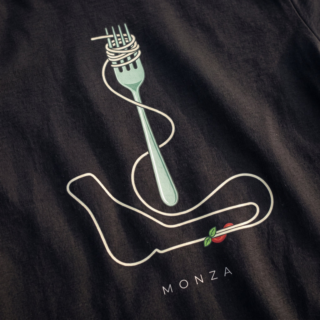 Close-up of the Flying Spaghetti Monza F1 t-shirt print on Black cotton