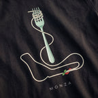 Close-up of the Flying Spaghetti Monza F1 t-shirt print on Black cotton