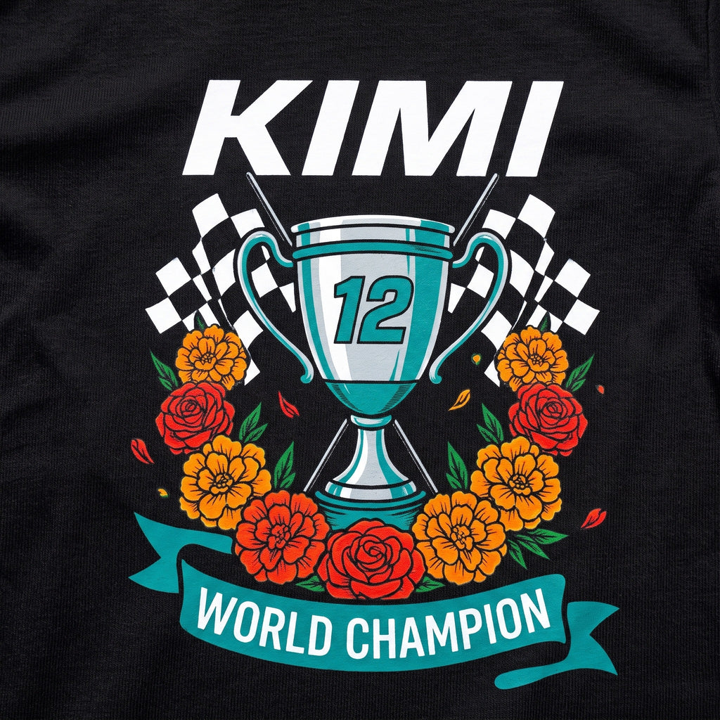 Kimi 12 World Champion Trophy t-shirt print close-up