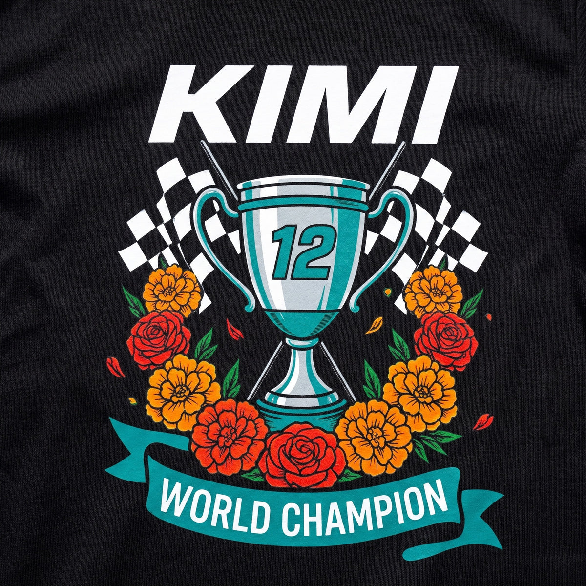 Kimi 12 World Champion Trophy t-shirt print close-up