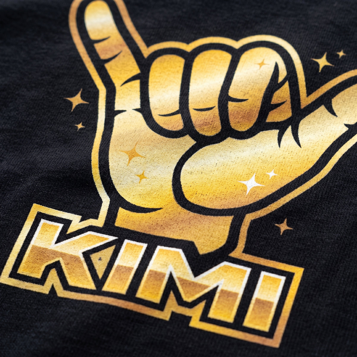 Close-up of the Kimi Antonelli Shaka F1 t-shirt print on Black cotton
