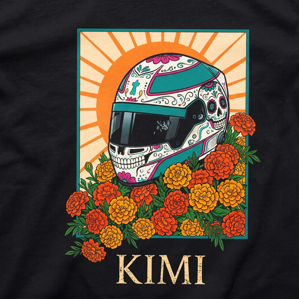 Kimi Dia de los Muertos Helmet t-shirt print close-up