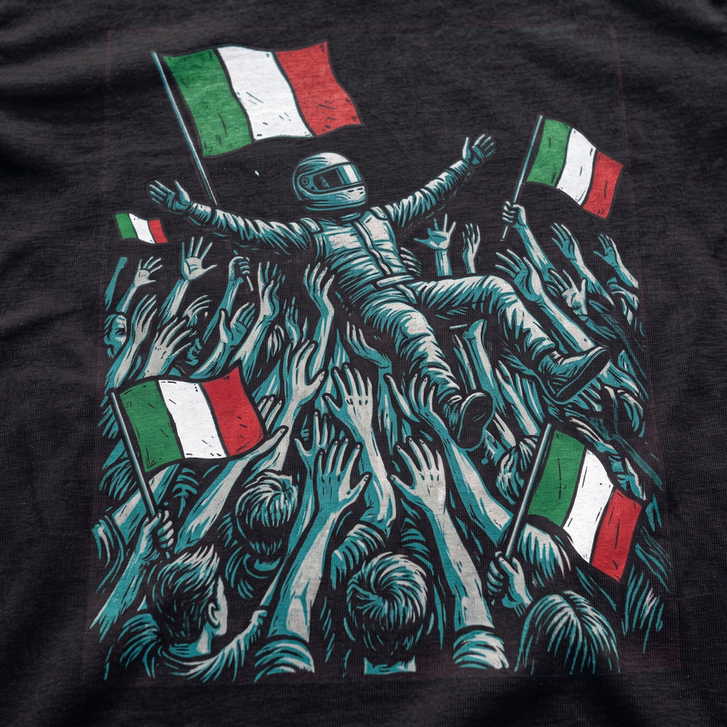 Close-up of the Kimi Italian Celebration F1 t-shirt print on Black cotton