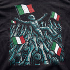 Close-up of the Kimi Italian Celebration F1 t-shirt print on Black cotton