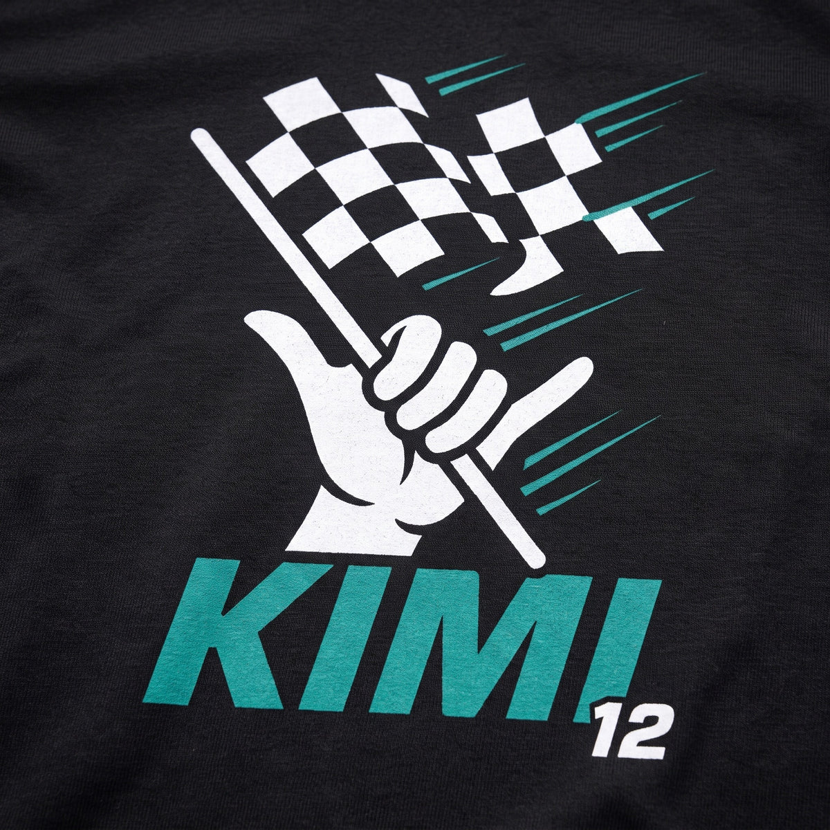 Kimi Shaka Checkered Flag t-shirt print close-up