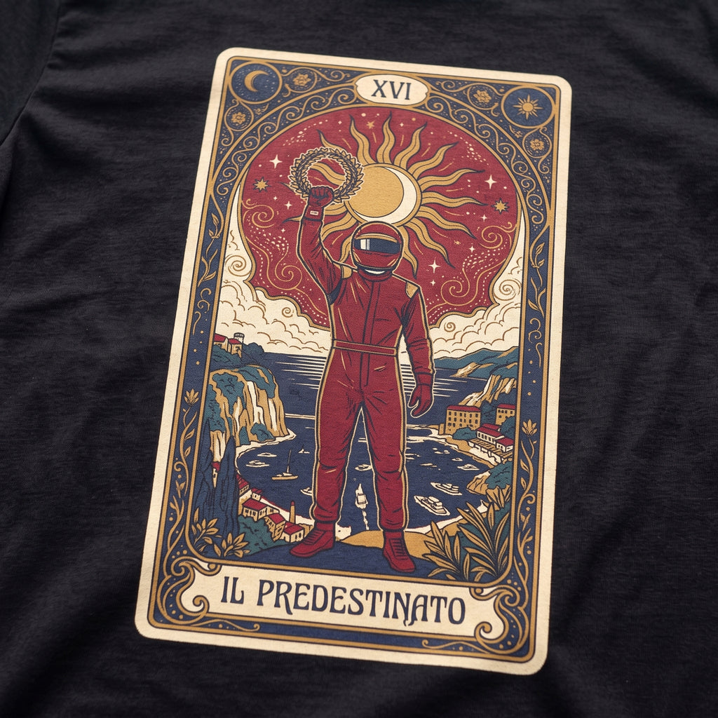 Close-up of the Leclerc Il Predestinato F1 t-shirt print on Black cotton