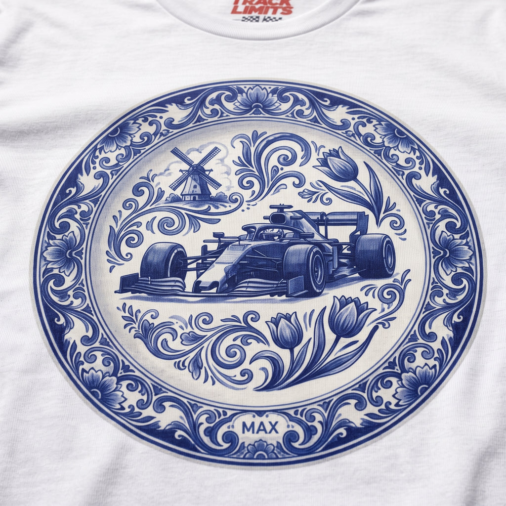 Close-up of the Max Delft Plate F1 t-shirt print on White cotton