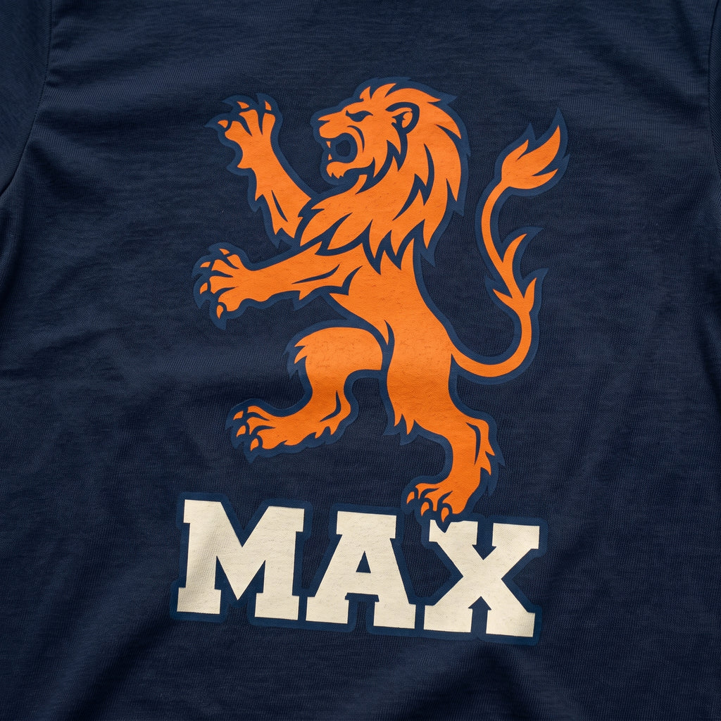 Close-up of the Max the Lion Heart F1 t-shirt print on Navy cotton