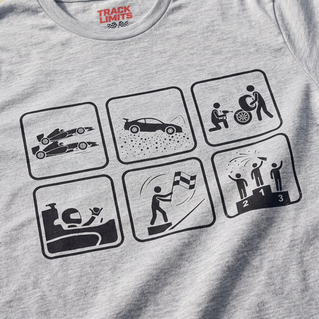 Close-up of the Racing Picto (Horizontal) F1 t-shirt print on Sport Grey cotton