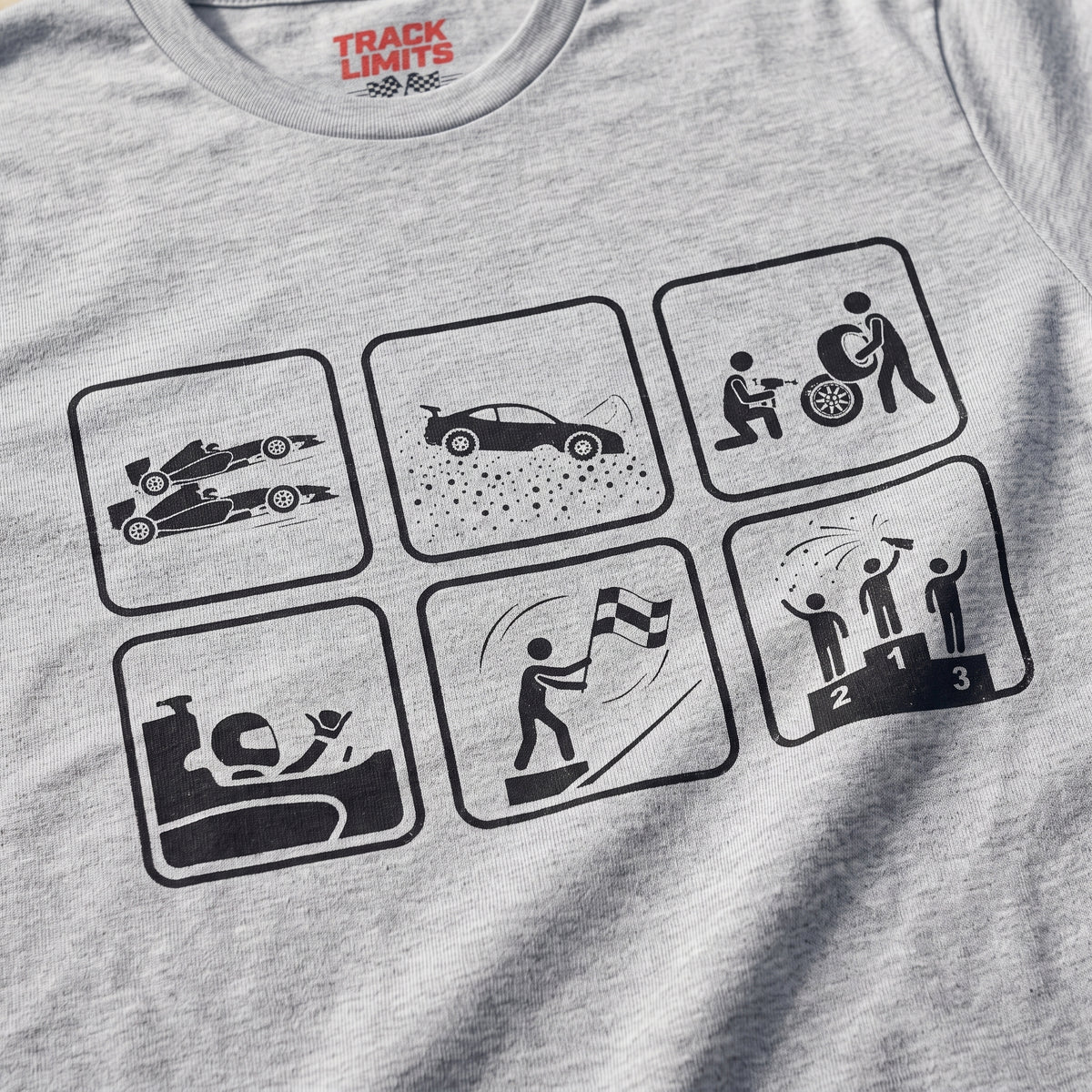 Close-up of the Racing Picto (Horizontal) F1 t-shirt print on Sport Grey cotton