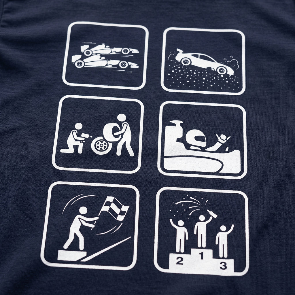 Close-up of the Racing Pictogram F1 t-shirt print on Navy cotton