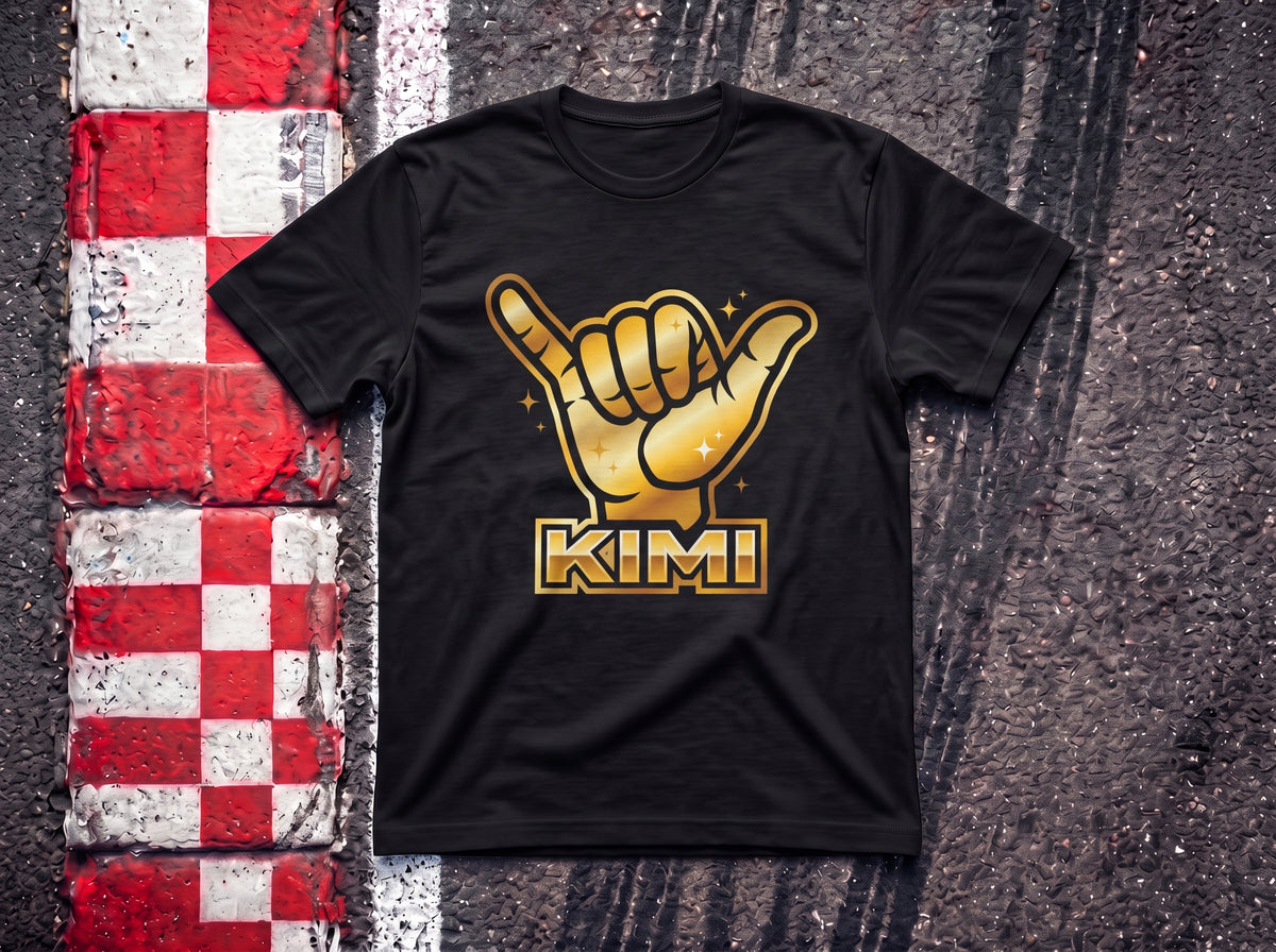 Kimi Antonelli Shaka F1 t-shirt in Black, flat lay on a race track kerb