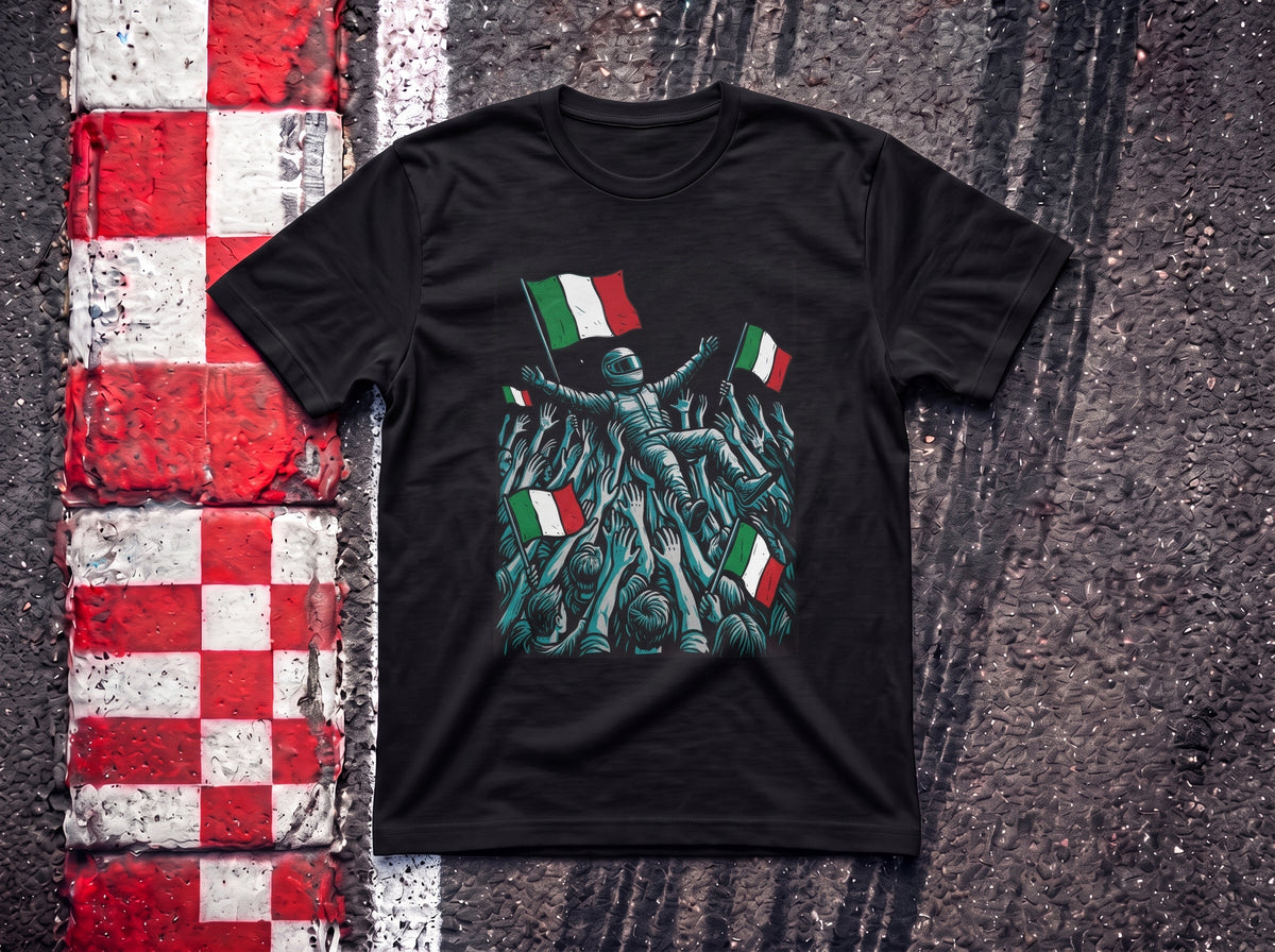 Kimi Italian Celebration F1 t-shirt in Black, flat lay on a race track kerb