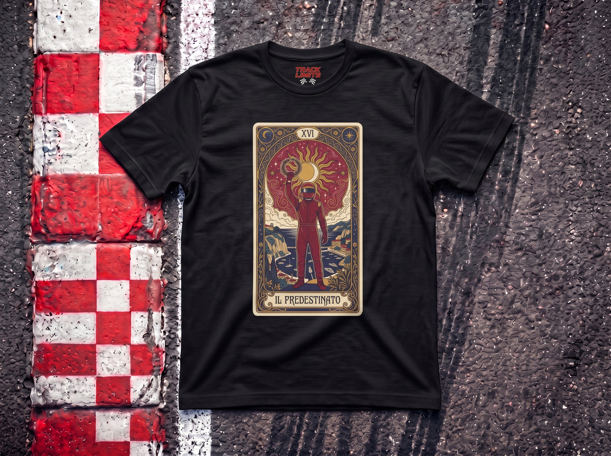 Leclerc Il Predestinato F1 t-shirt in Black, flat lay on a race track kerb
