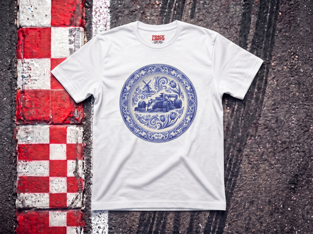 Max Delft Plate F1 t-shirt in White, flat lay on a race track kerb