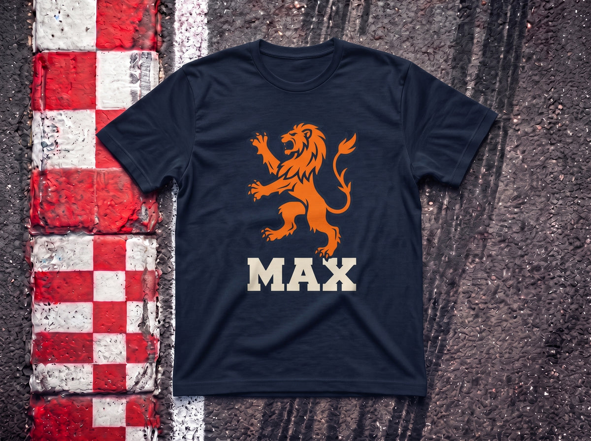 Max the Lion Heart F1 t-shirt in Navy, flat lay on a race track kerb