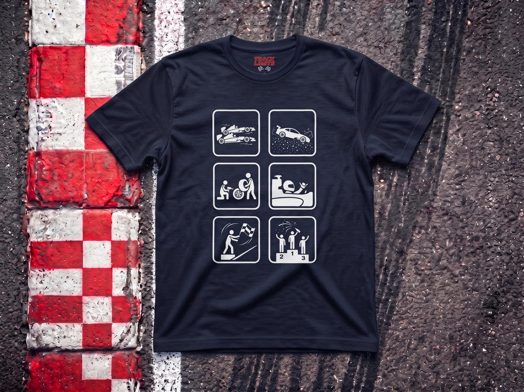 Racing Pictogram F1 t-shirt in Navy, flat lay on a race track kerb