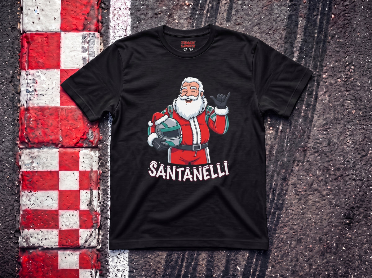 Santanelli F1 t-shirt in Black, flat lay on a race track kerb